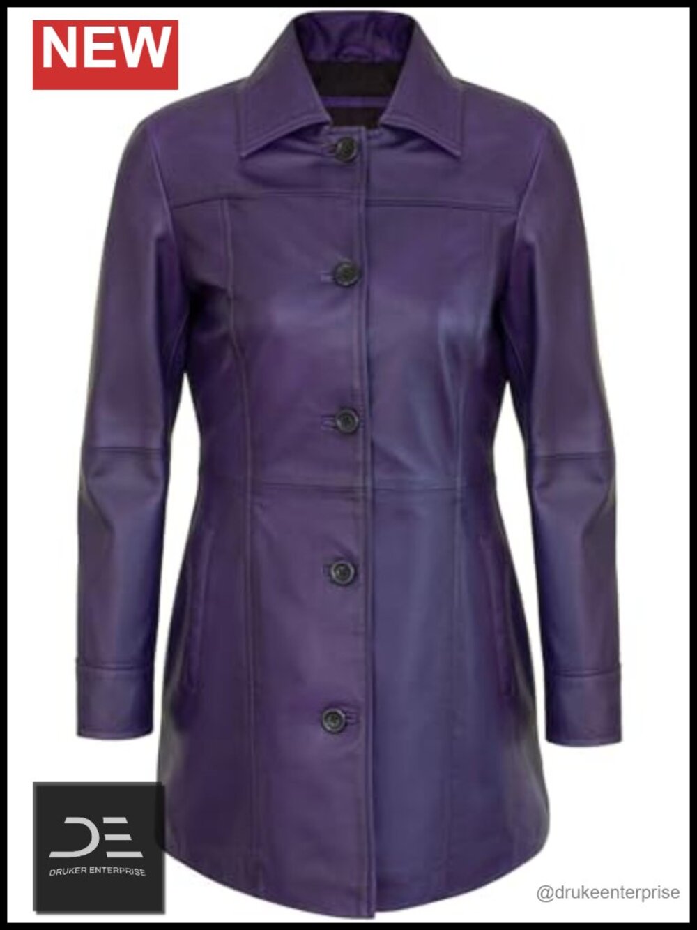 Real Lambskin Leather Car Coat Button Closure Women's Long Sleeve Overcoat
